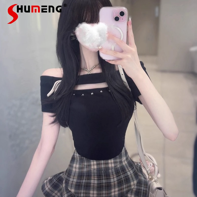 

Japanese Style Sweet Girls Off-Shoulder T-Shirt Summer Women's Slim Fit Fashion Short Sleeve Top Student Daily Basic T-Shirts