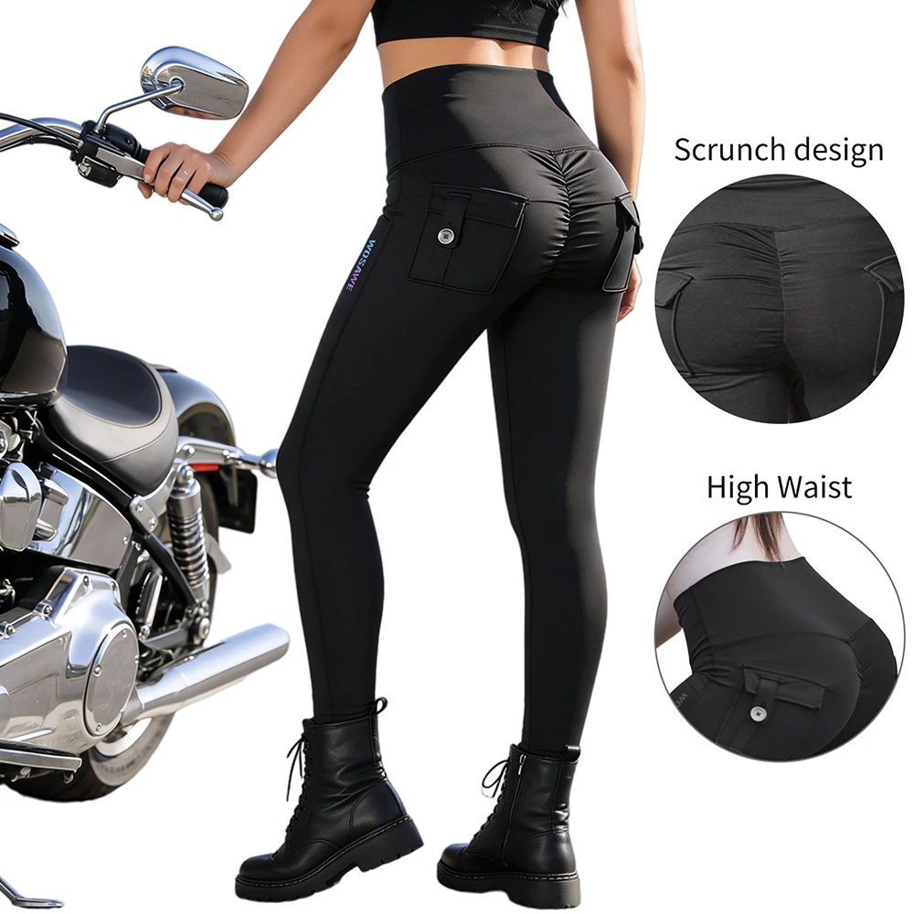 WOSAWE Women Motocycle Style Pants with Knee Storage Pocket Outdoor Running Pants Hip Lifting Sexy Riding Yoga Fitness Leggings