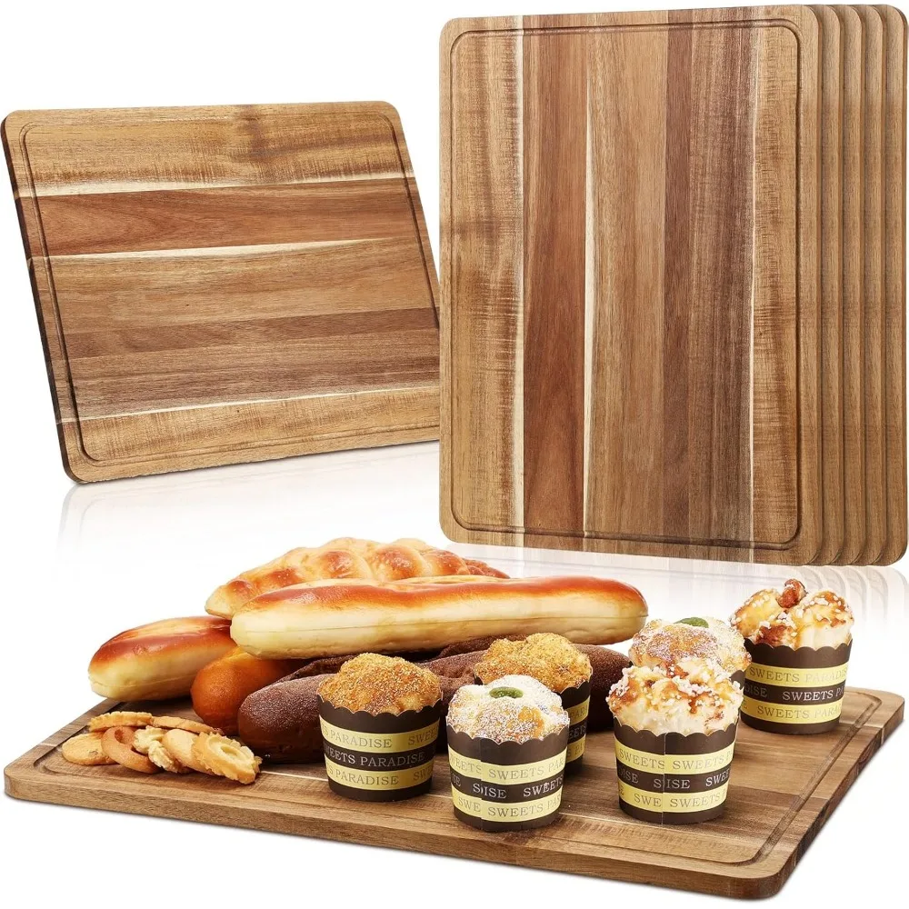 

Nuogo 6 Pcs Large Acacia Wood Cutting Board 18 x 14 Inch Wooden Chopping Board with Juice Groove Reversible Wood Cutting Board C