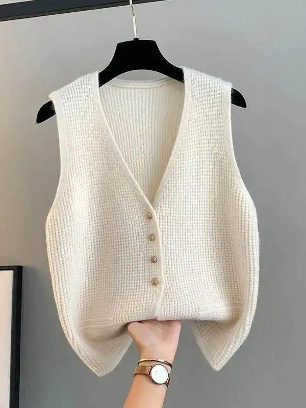 Women's V-Neck Knitted Open Cardigan Vest Pure Color Layering Fashion Spring Autumn Loose Fit Top Minimalist Style
