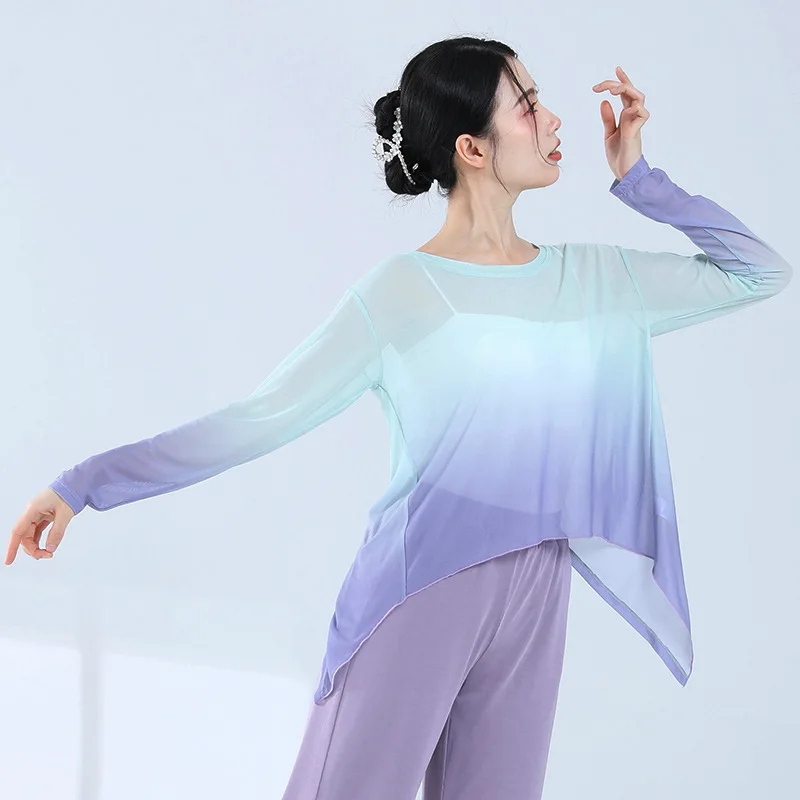 Classical dance practice suit, body rhythm gradient gauze dress, Chinese dance performance suit, loose and flowing dance top, wo