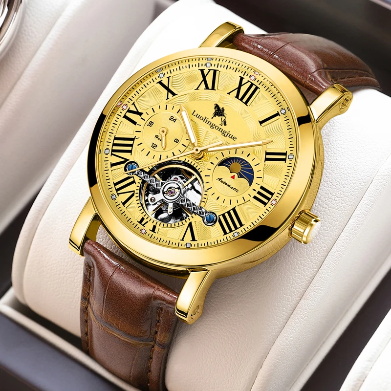 ساعة توربيون ميكانيكية أوتوماتيكية بالكامل، ساعة مضيئة مقاومة للماء على شكل قمر متعددة الوظائف للرجال، ساعة ميكانيكية أوتوماتيكية فاخرة للرجال، عصرية، كاجوال ومتعددة الاستخدامات، تصميم مجوف، مناسبة للارتداء اليومي للرجال، لا يتطلب بطاريات