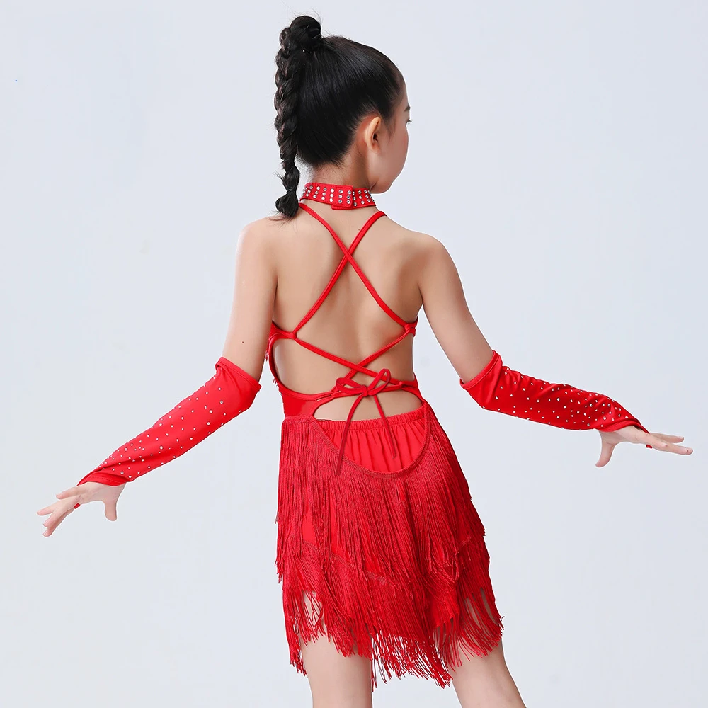 8-14 Years Children Dance Dress One Piece Kids Latin Dance Wear Ballroom Rhinestones Girls Line Dance Clothing