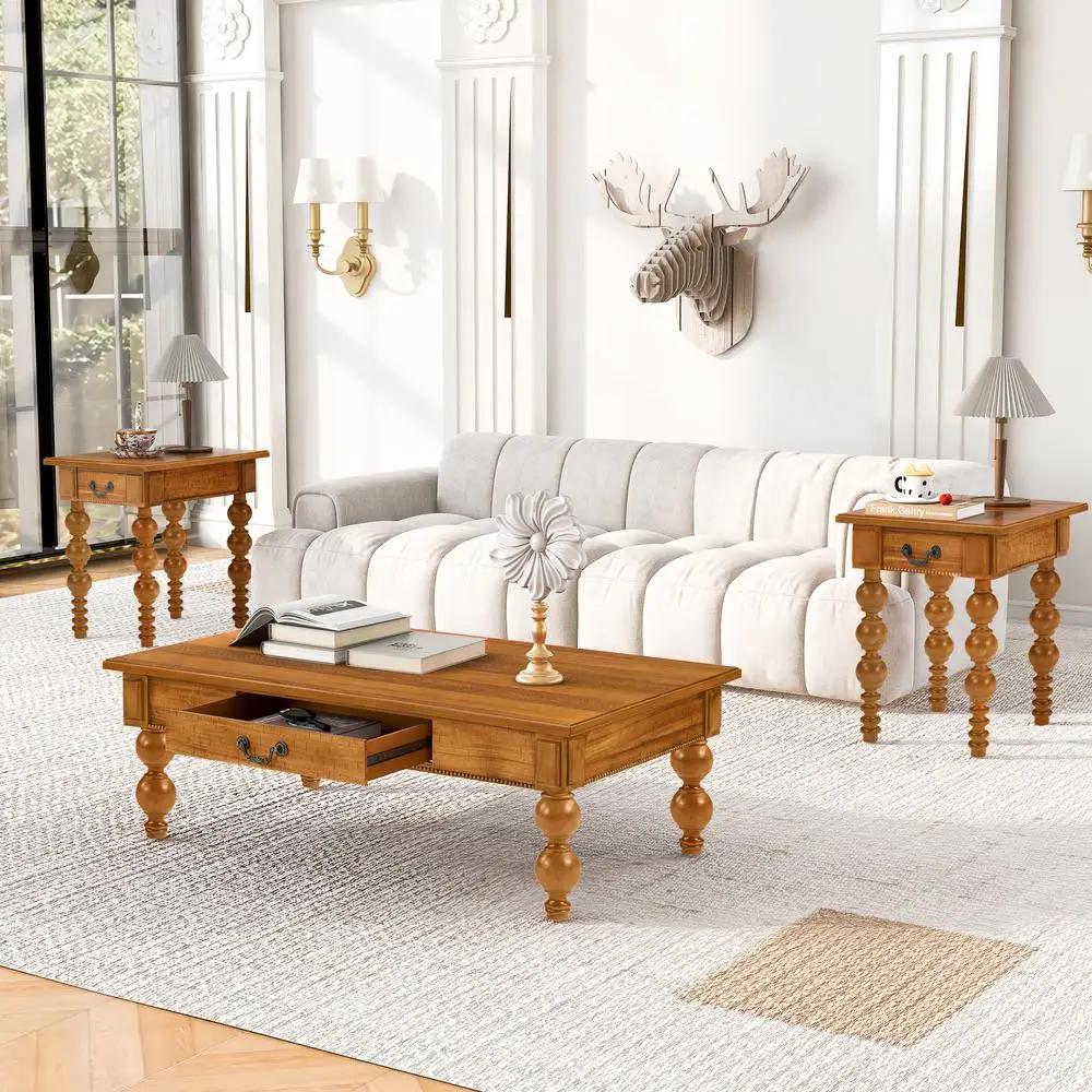 

Solid Wood Coffee Table Set of 3 Vintage Farmhouse Style with Drawer Rubber Wood Legs Waterproof Heat Resistant Easy Assembly