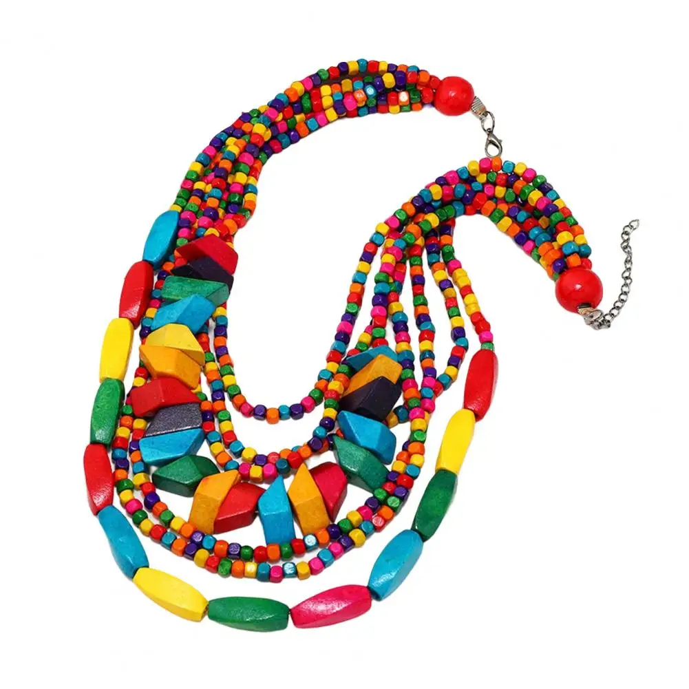 Attractive Necklace  Colorful Beads Gorgeous Women Necklace  Multicolored Wood Beaded Layered Necklace