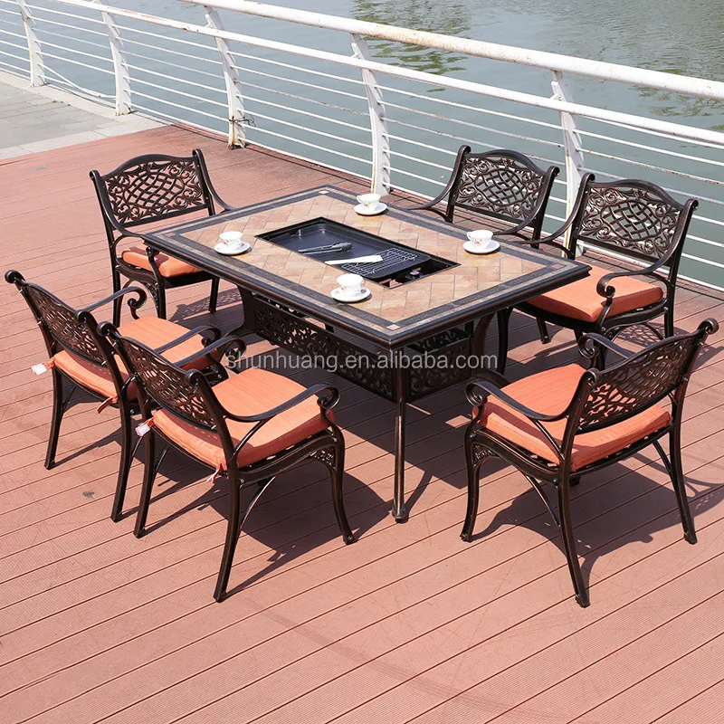 

price outdoor patio cast aluminum furniture all weather dining sets Mosaic BBQ table with cast aluminum chairs