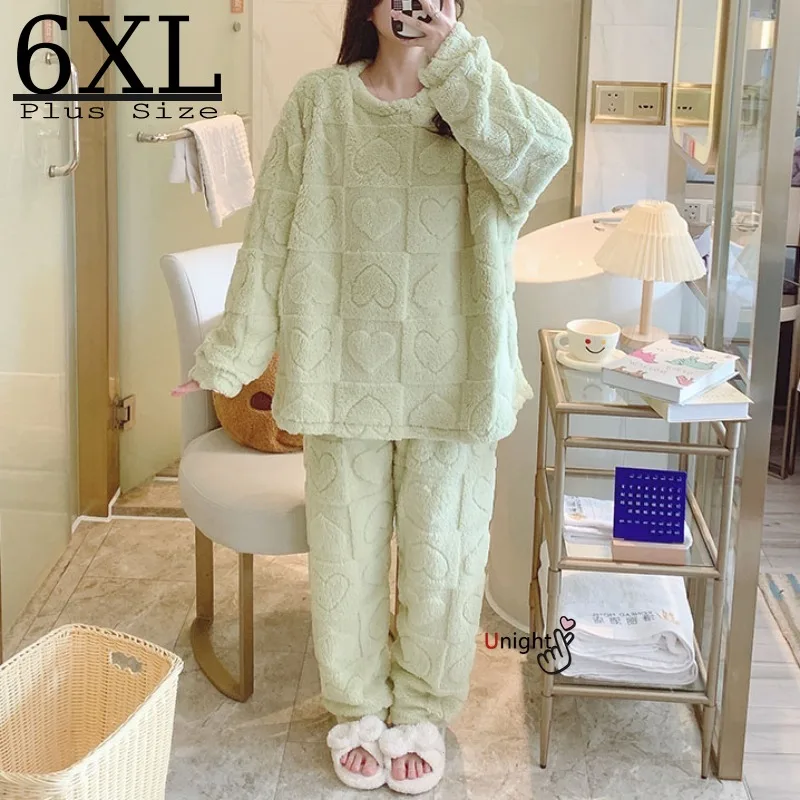 Women Warm Pajamas Sets Winter Thick Winter Coral Fleece Sleepwear Flannel Plus Size Pyjamas Night Wear Home Clothes M-6XL