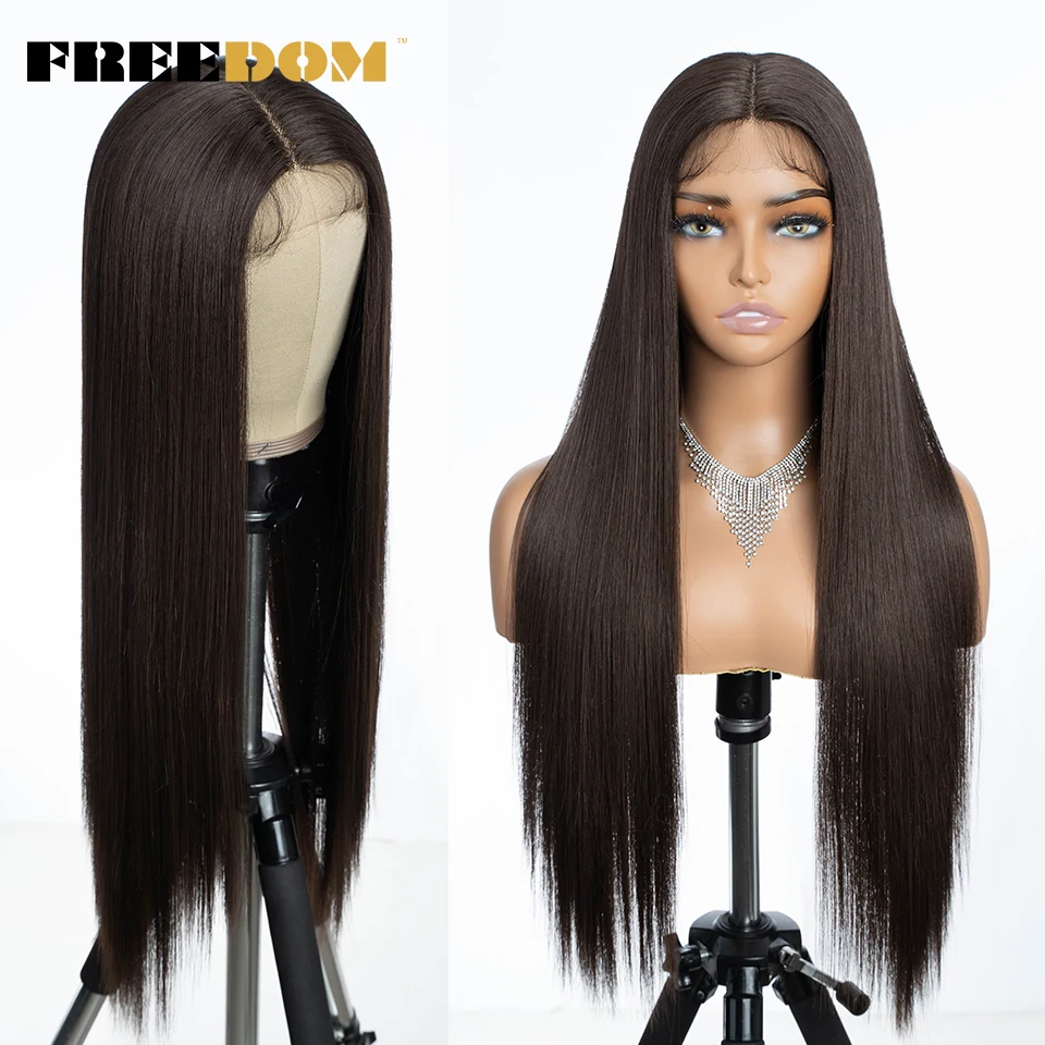 FREEDOM Straight Synthetic Lace Front Wigs For Women 30 Inch Long Ombre Brown Blonde Lace Wig With Baby Hair Green Cosplay Wig