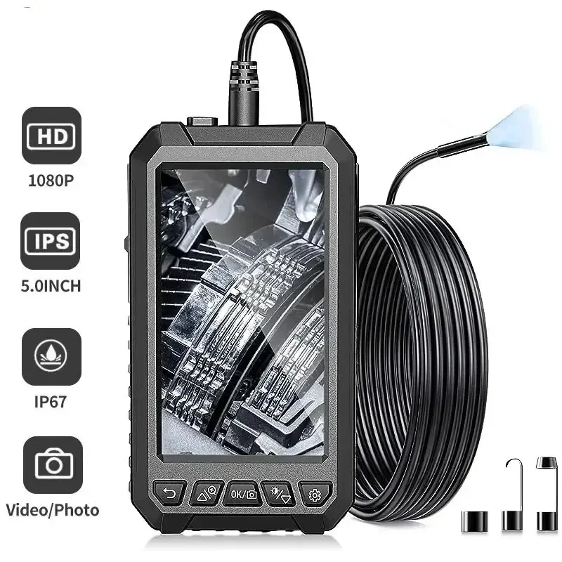 New 5.0 Inch IPS Screen Industrial Endoscope Camera 8mm HD1080P Sewer Car Piping Inspection Camera Borescope 8 LED Waterproof
