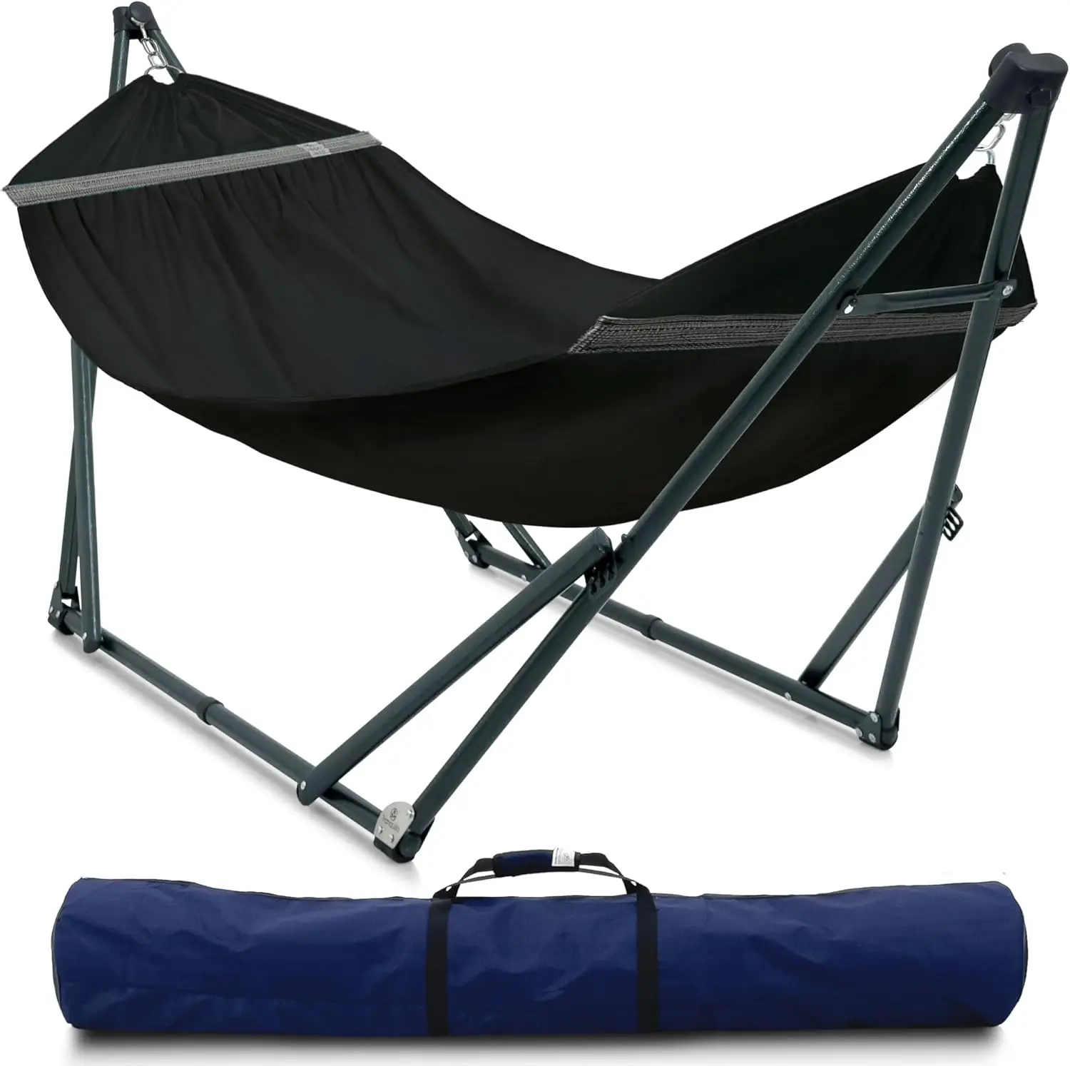 Soporte portátil para hamaca con estructura de acero y red de lona de algodón, barra separadora, plegado y desplegado rápido en 30 segundos, capacidad de 600 libras para uso en exteriores, color negro