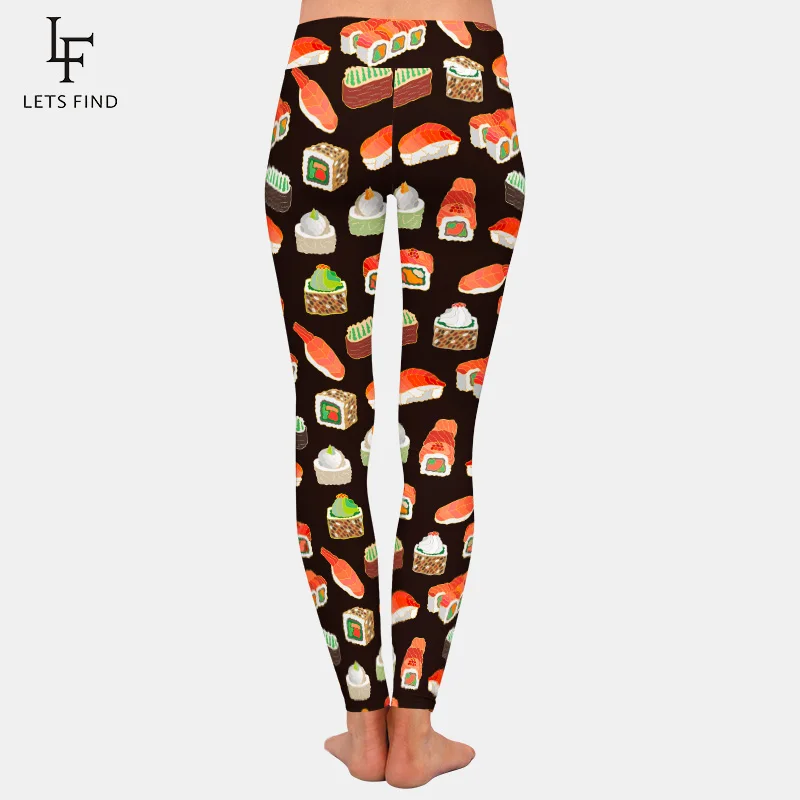 LETSFIND Legging Wanita Desain Baru Gambar Sushi 3D Legging Pinggang Tinggi Elastis Latihan Kebugaran Ramping Legging Hitam