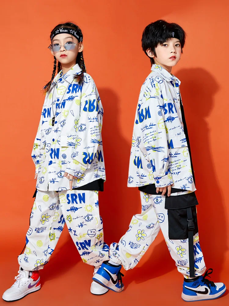 Mode Weiß Hip Hop Kostüm Für Kinder Straße Tanzen Leistung Outfit Jungen Lose Trainingsanzug Mädchen Jazz Dance Kleidung BL10035