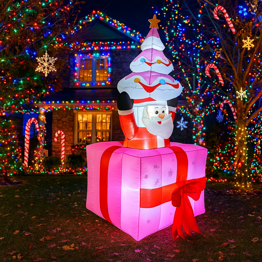 1.8M/5.9FT Inflatable Santa Claus with Christmas Tree Gift Box LED Lights Home Decorations Toys Yard Xmas Supplies Holiday Decor