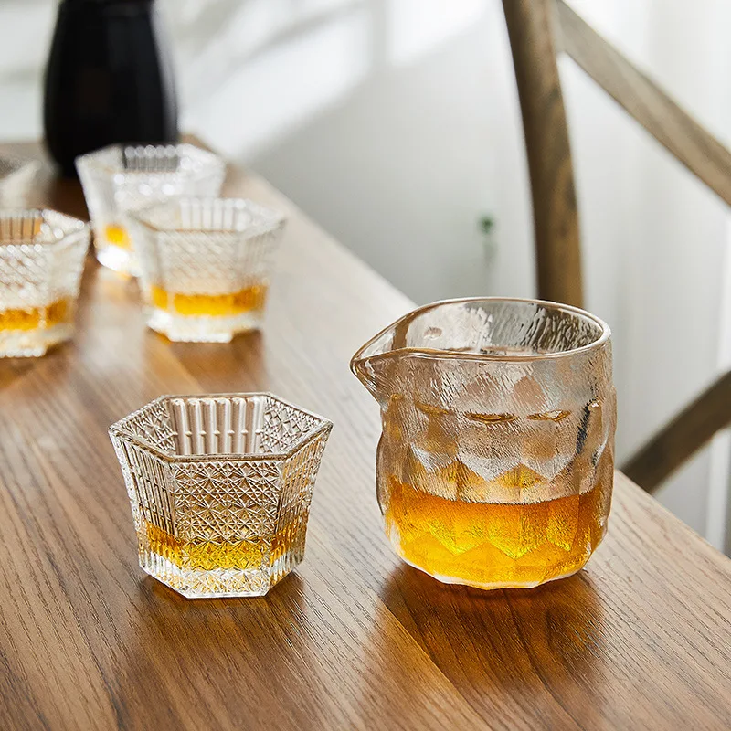 1 Piece 75ml Heat Resistant Tea Cup Elegant Engraving Hexagonal Crystal Bright Shot Glass Small Capacity Sake Soju Glass Cup