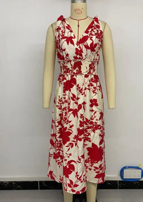 レディースドレス 夏休みスタイル ノースリーブ リボン付き レッド 花柄プリントドレス カジュアル ノースリーブ Vネック エレガント 海辺ドレス