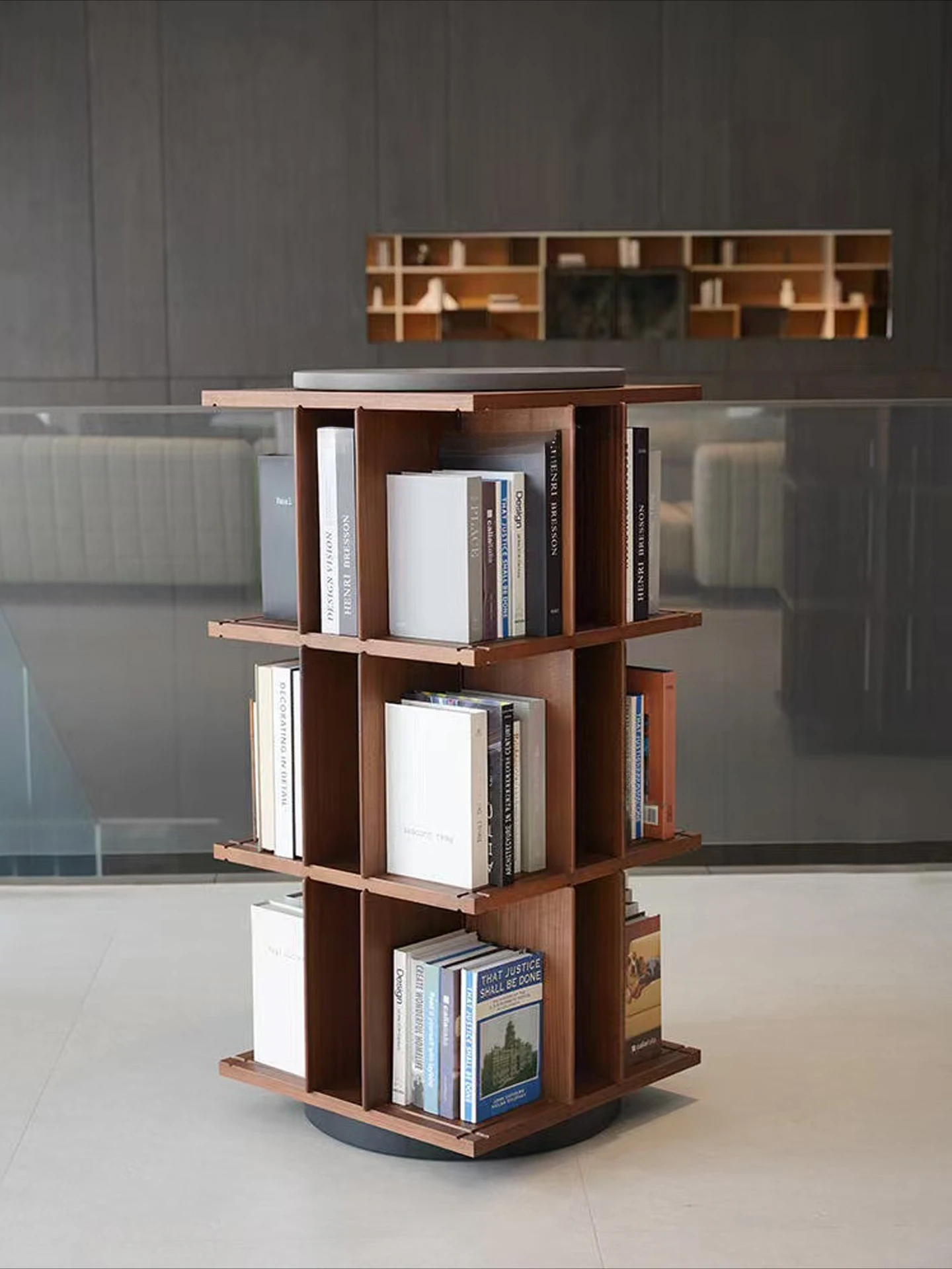 Rotating Bookshelf Solid Wood Living Room Nordic Creative Floor Shelf Household Floor Rotating Premium North American Walnut