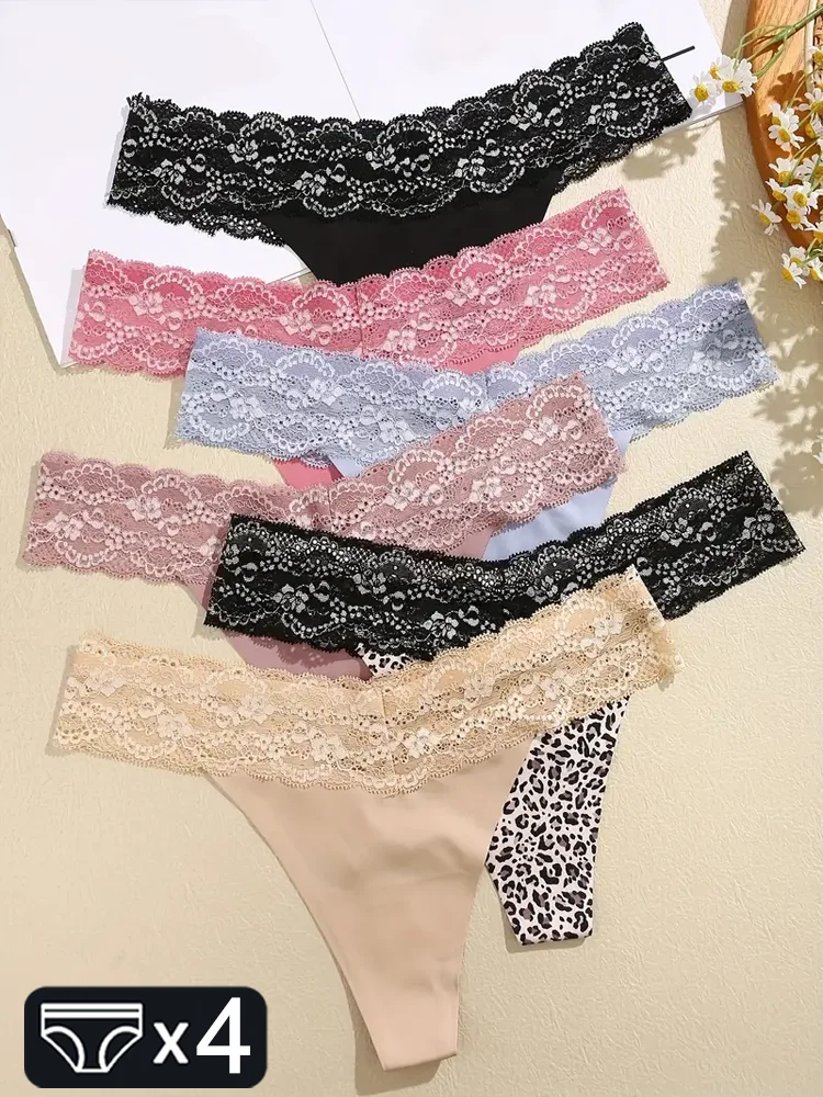 4PCS FINETOO Sexy Lace Low Waist Thongs G-string Underpants S-XL Women Floral T-back Underwear Ladies Thongs Girls Lingerie