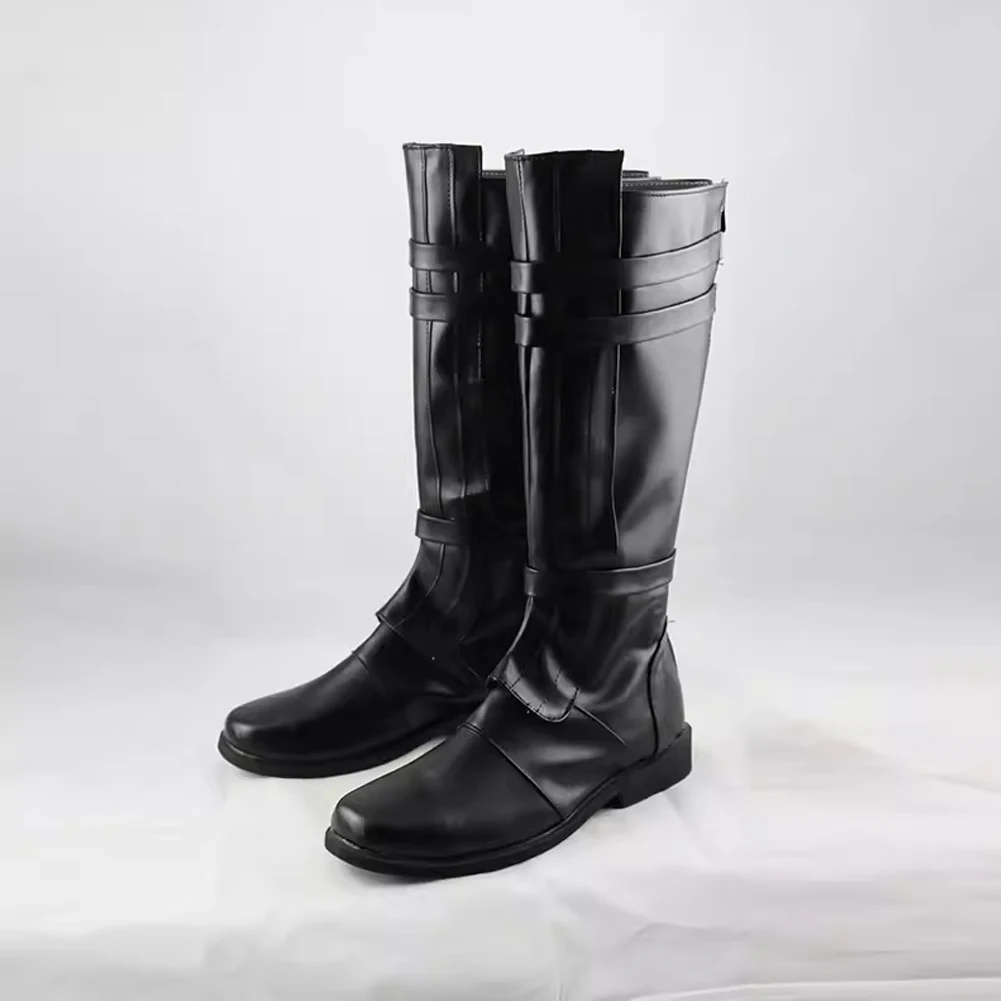 รองเท้าบูทหนัง PU สีดำลายอัศวินผู้ใหญ่แฟชั่นใหม่สำหรับผู้ชาย เหมาะสำหรับงานปาร์ตี้ฉลองฮาโลวีน งานเต้นรำ งานแสดงบนเวที และสวมบทบาท