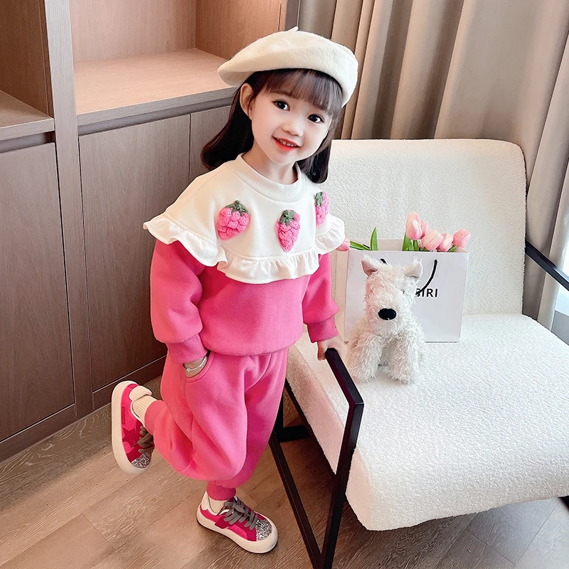 Children Winter Clothing Sets Baby Girls Strawberry Thickened Sweater Pants Kids Clothes Outfits Infant Tracksuits Sportswear