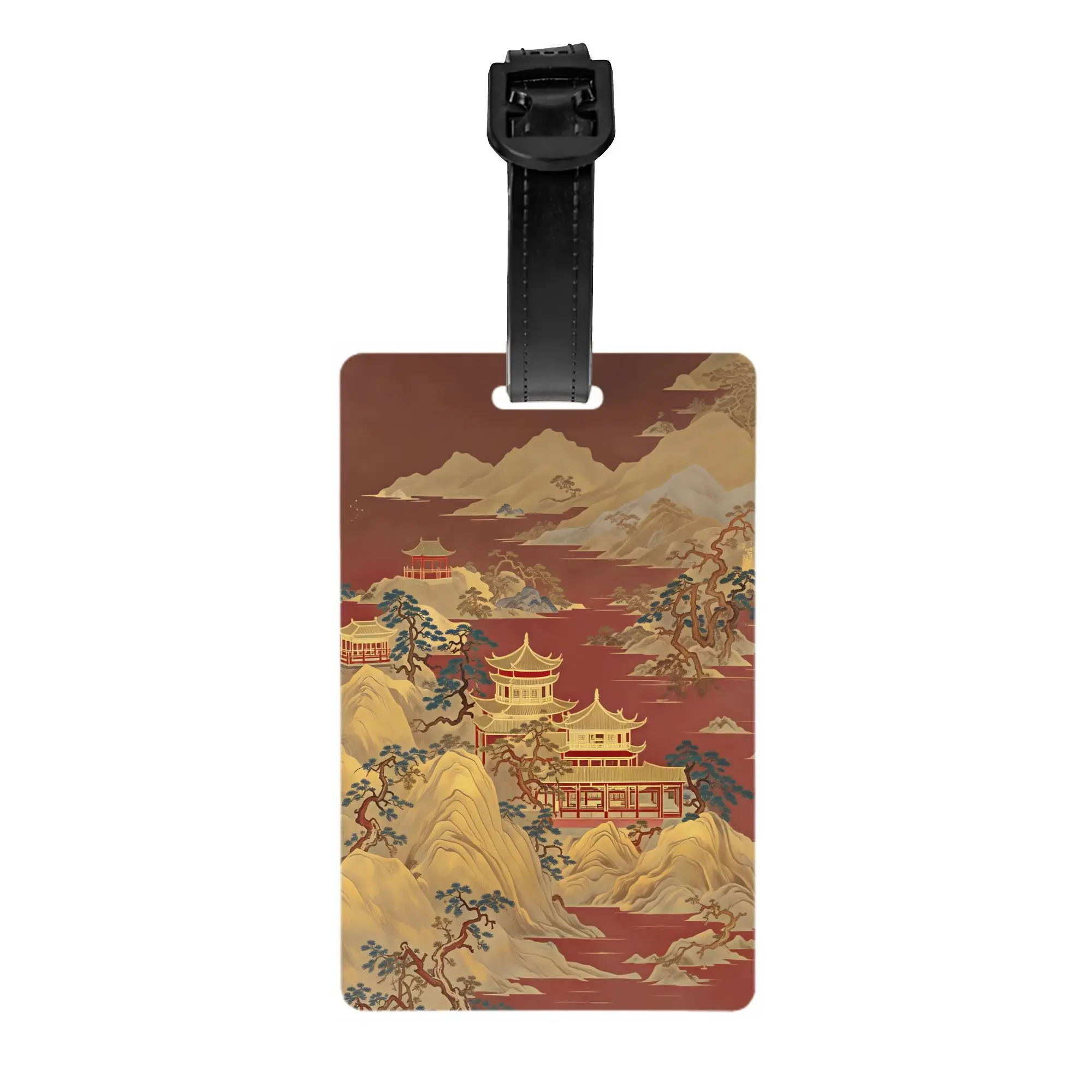 Red Gold Gilded Chinese Mountain Pavilion Zen Luggage Tag for Travel Suitcase  Privacy Cover Name ID Card