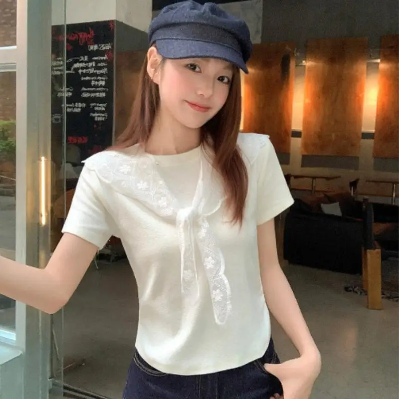 Hot 2026 Summer New Women Lace Shawl Round Neck Short Sleeve T-Shirt Design Sense Wrinkle Niche Fashion Versatile Short Tops