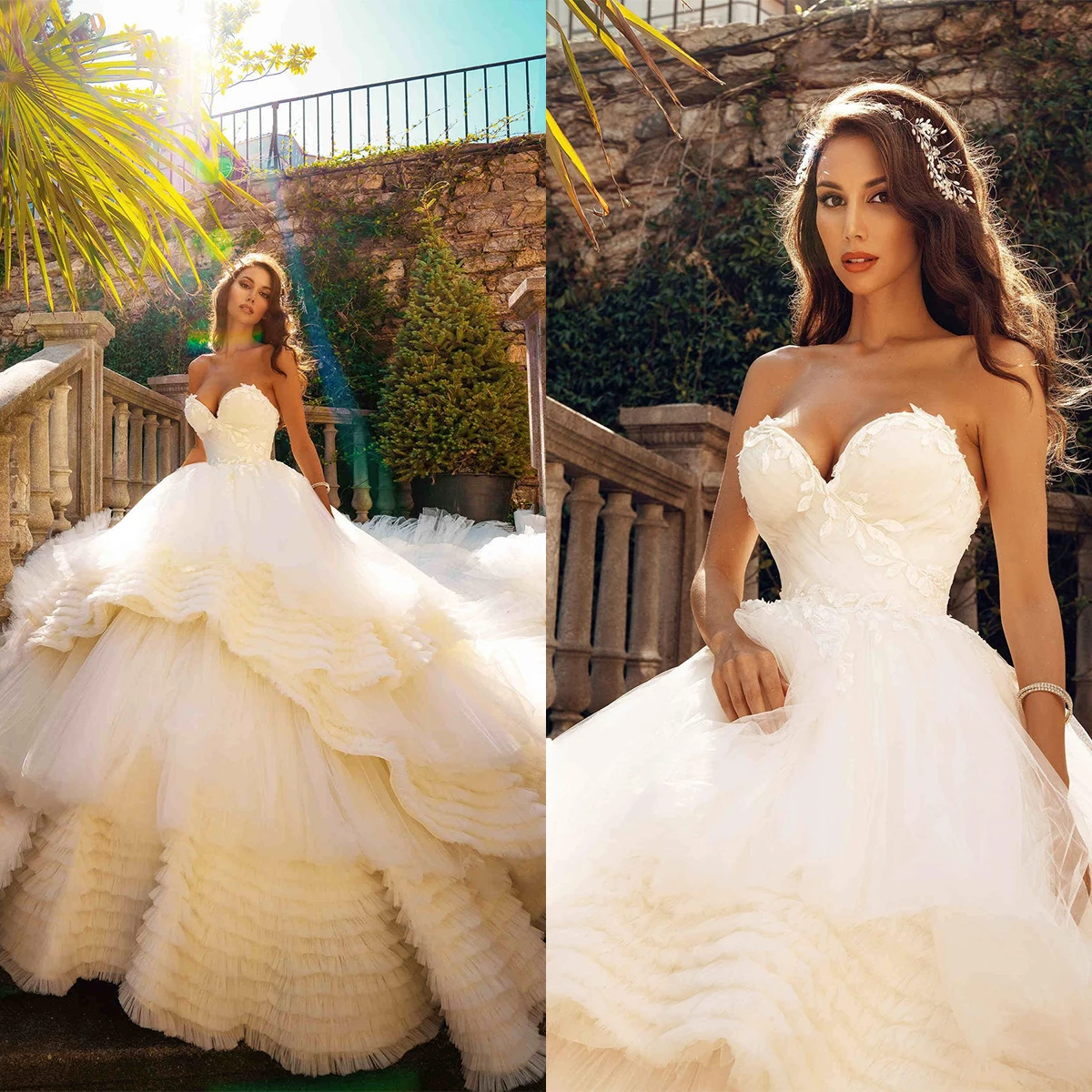 

Chic Lace Applique Wedding Dresses Strapless Princess Tiered Train Bridal Ball Gowns Custom Made Vestidos De Novia