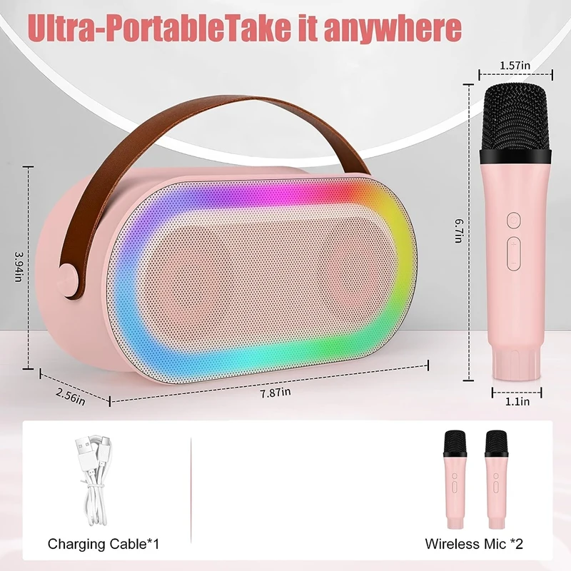 Mini máquina de karaoke, juego de altavoces Bluetooth portátiles con 2 micrófonos inalámbricos con luces LED (rosa) fácil de usar