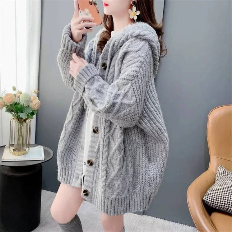 

Thickened Cardigan Retro Autumn Winter Knitted Lazy Coat Mid-Length Women'S Sweater New Loose Hooded