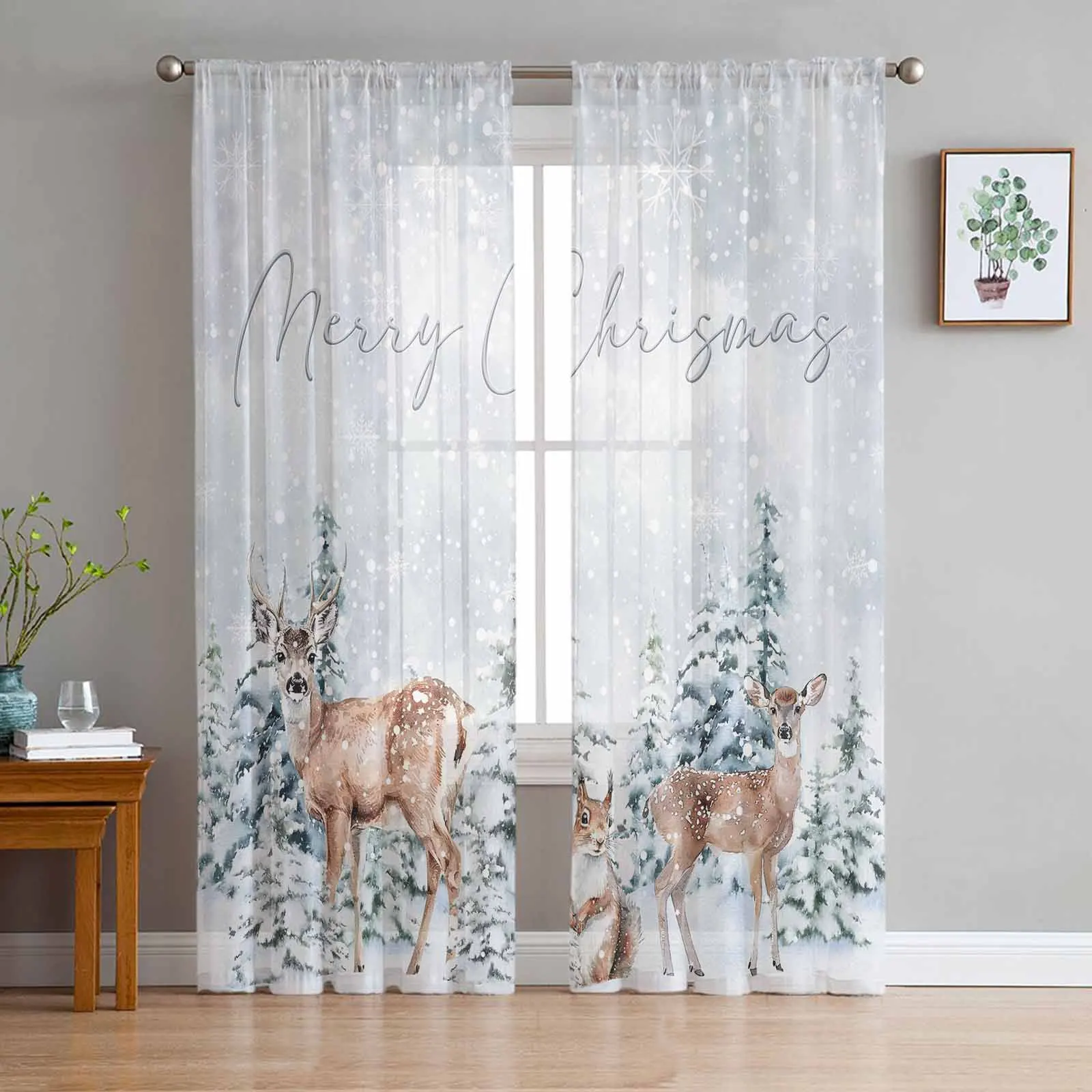 Christmas And Winter Tree Deer Curtains For Living Room Tulle Window Curtain Bedroom Kitchen Veil Drapes