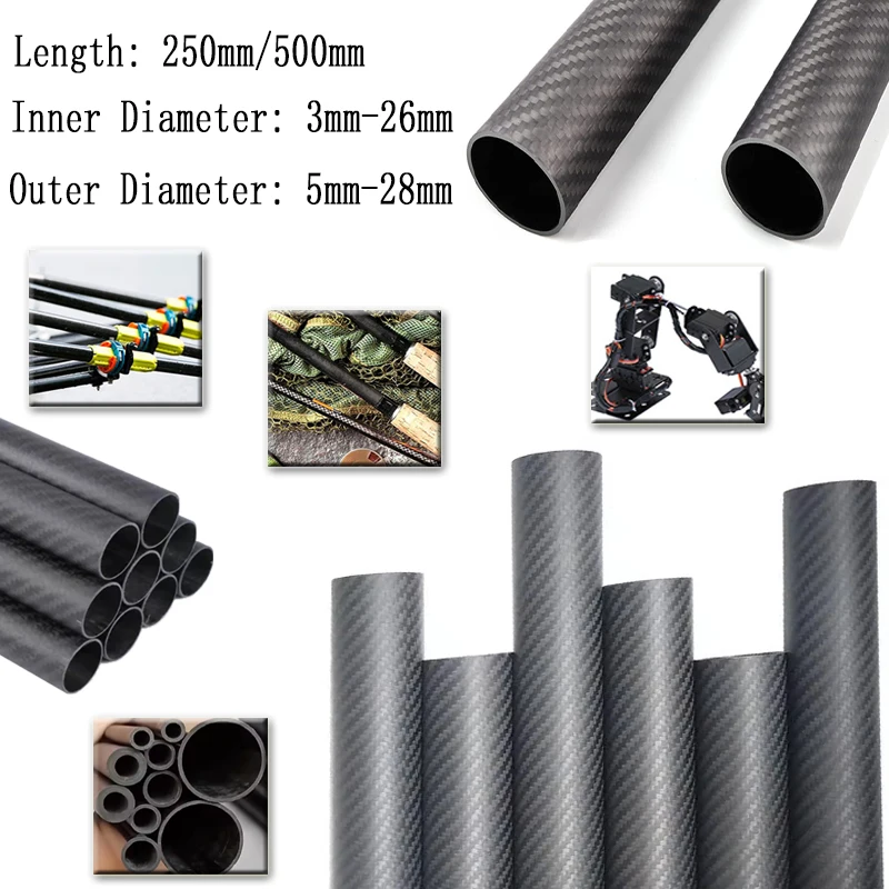 

1 шт., длина 250/500 мм, трубка из углеродного волокна, наружный диаметр 5-28 мм, внутренний диаметр 3 мм-26 мм, композитные материалы высокой твердости для аксессуаров для дронов