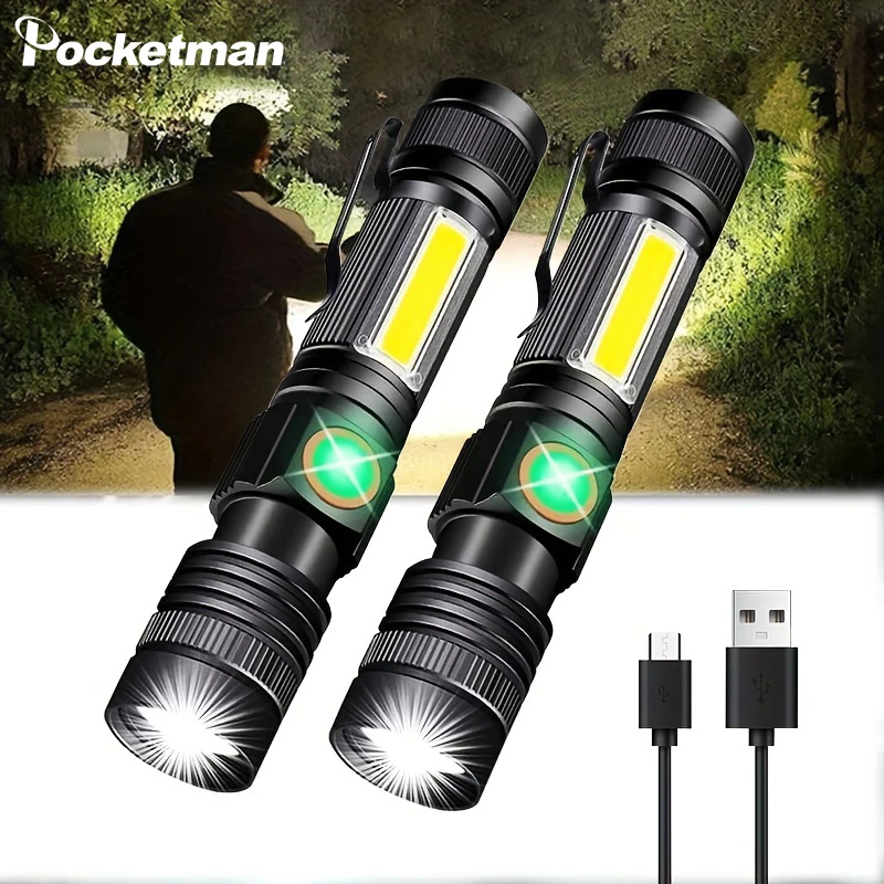 Portable Zoomable Magnetic LED Flashlight Waterproof Torch USB Rechargeable 4 Lighting Modes Flashlights for Camping Hiking