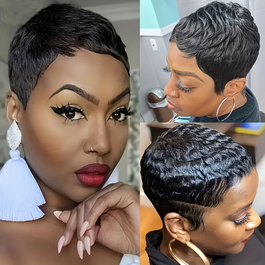 Pixie Cut Wig For Black Women Short  Full Machine Human Hair Wigs Wavy Layered Pixie Cut Wigs Brazilian Remy Hair Wigs