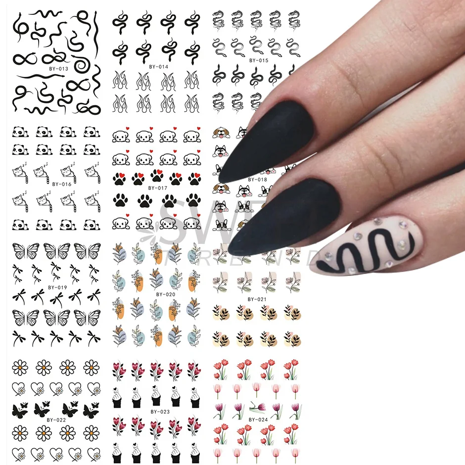 12pcs Valentines\'s Day Sticker Water Decals Nail Design Black Heart Dog Snake Rose Romanic Slider Watermark Tattoo Manicure JIBN