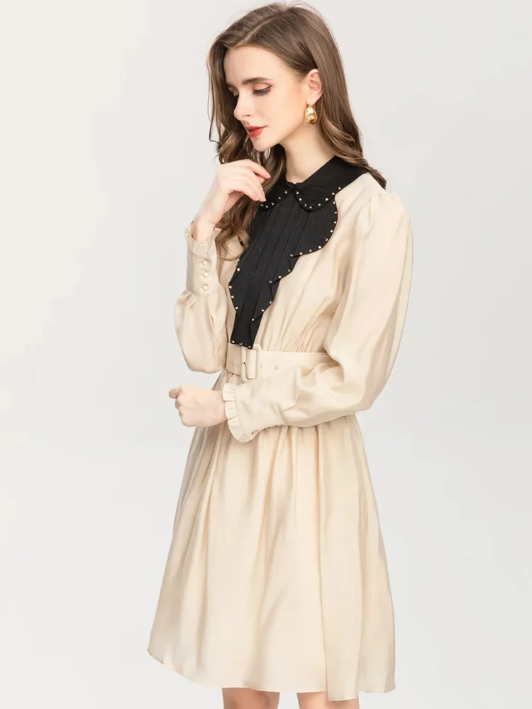 

2023 Fashion Runway Autumn Winter Women Vestidos Turn-down Collar Long Sleeve Beading Belted Solid Casual Dresses