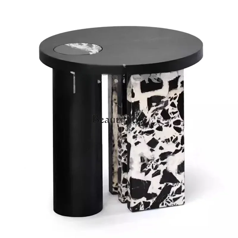 

French minimalist natural black marble solid wood round coffee table combination