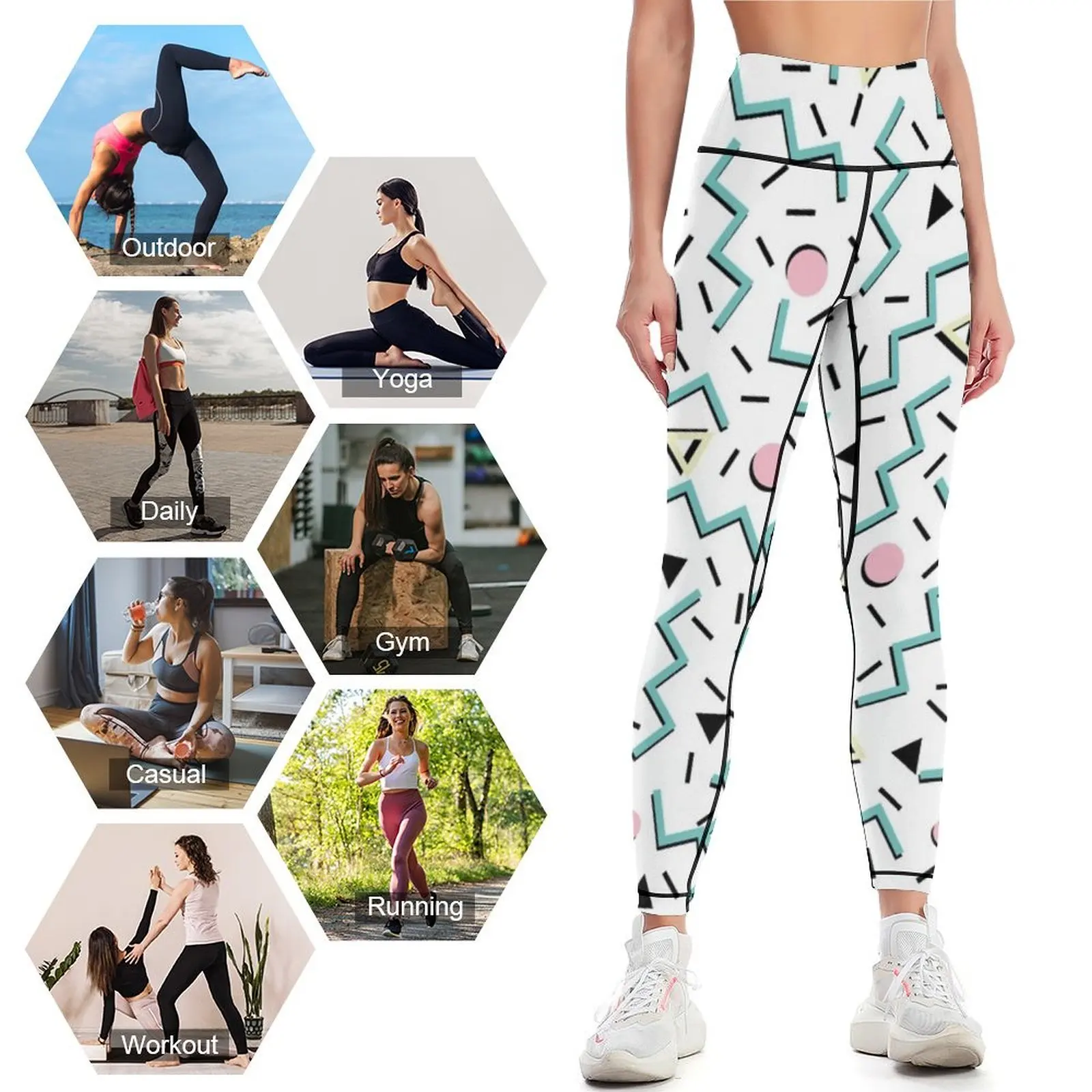 Funky Memphis Pattern Design Leggings, Calças Esportivas Femininas, Mulher Vestuário de Ginásio, Voltar aos anos 80