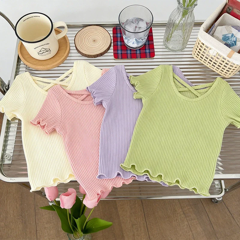 Sommer-T-Shirt für Mädchen, kurzärmelig, dünn, weich, schlicht, einfarbig, lässige Kinderkleidung, 2–6 Jahre, süßes Shirtthing