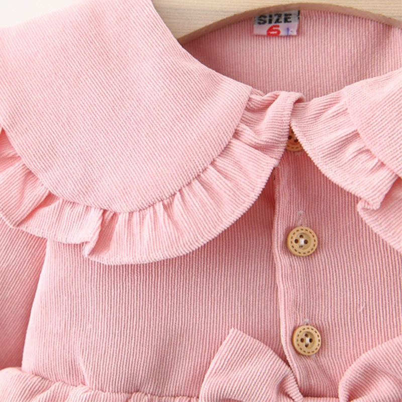 New In 2024 Spring Autumn Toddler Girl Clothes Korean Cute Bow Doll Collar Fleece Pink Baby Princess Dress Kids Dresses BC2145