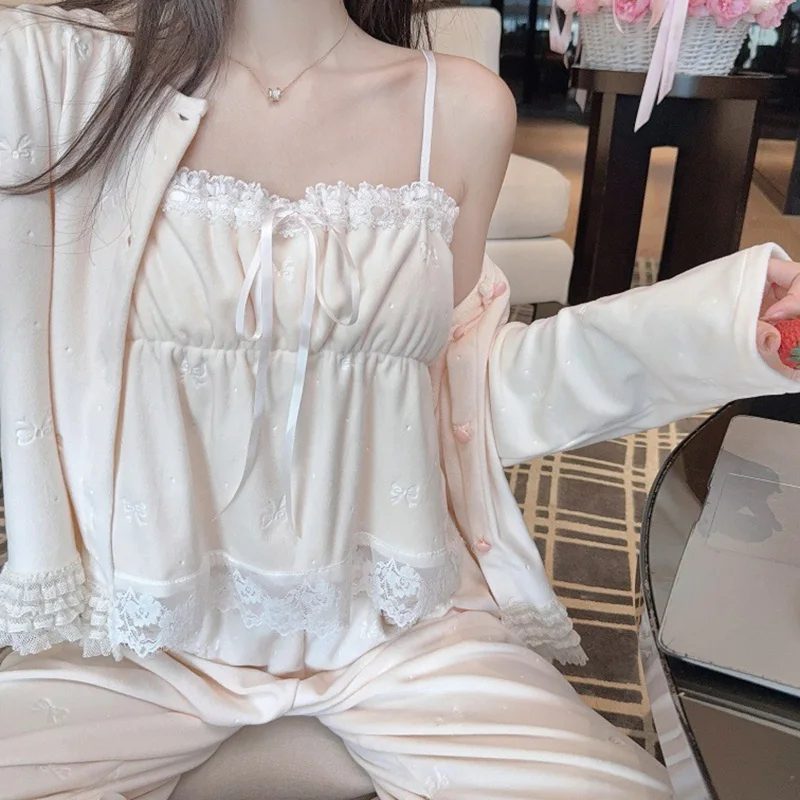 Island Velvet Sexy Pajamas for Women Home Wear Three-piece Set Double-sided Warm Autumn Winter Butterfly Pajamas Sleepwear