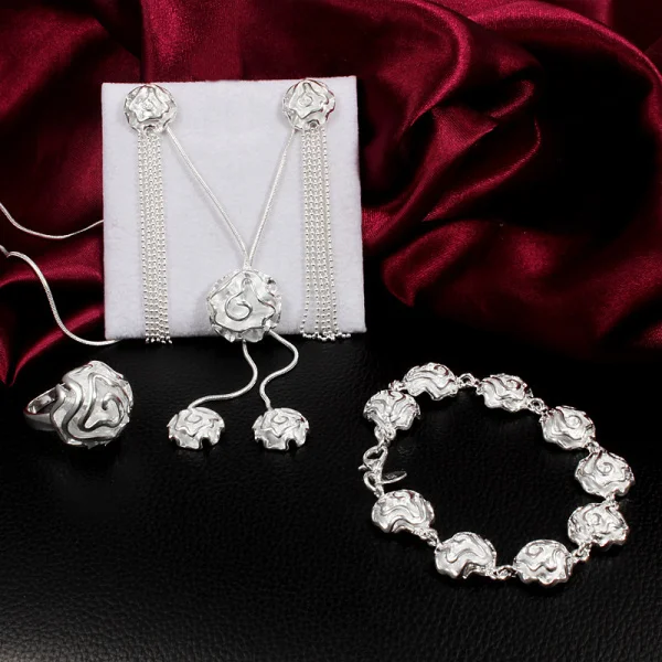 

Fine Rose flower 925 Sterling Silver rings necklace bracelet earrings Jewelry set for women elegant Party wedding Christmas gift