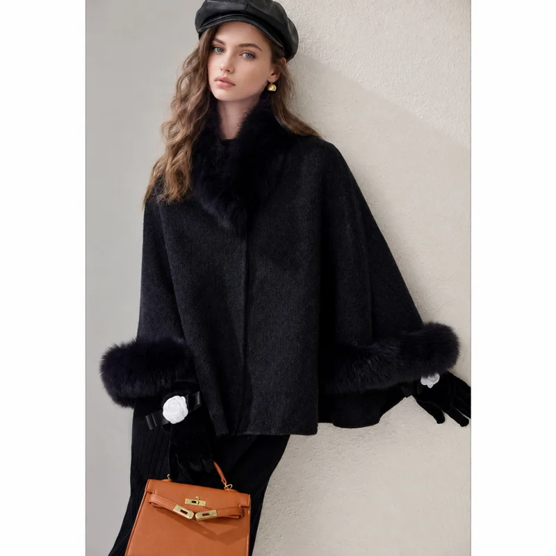 Women's Fur Trim Cape Coat, Elegant Cloak Style Loose Fit Fall Winter Dressy Outerwear