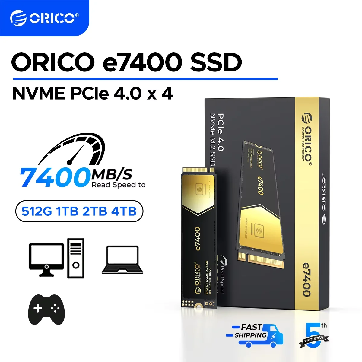 ORICO Gaming PCIe4.0 M.2 NVMe SSD PS5 7400MB/S Internal Solid State Drive Gen4 for High End Computing Gamer Heavy Duty Works