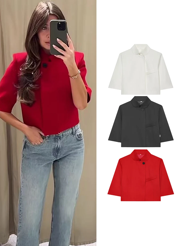 Ladies Short Solid Jacket Women Coats Half High Neck Short Sleeve Outerwear Spring Chic Casual Women Jackets Top Outfits Female