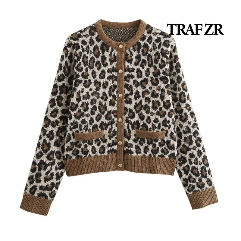 TRAF ZR Cozy Sweaters Knit Cardigan Ladies Long Sleeve Y2k Vintage Top Women's Autumn Sweater Leopard Print O-neck Cardigan