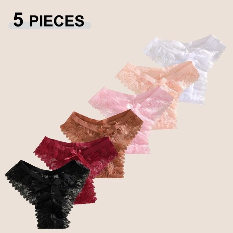 5-teiliges Set Damen Spitzen-Slip mit Transparentem Design, Niedlicher Schleifenknoten, Ausgehöhlte Blumenmuster, Brasilianische Unterwäsche, Einfarbige Sexy Lingerie S-XXL
