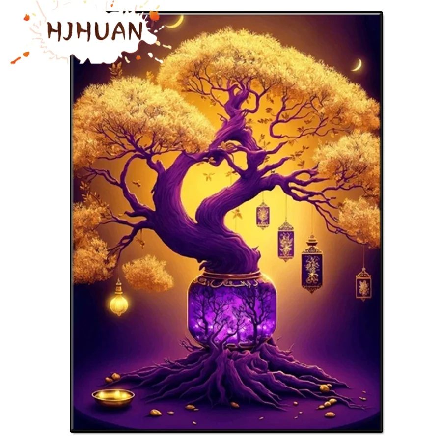 Diy Golden, the tree of wealth round diamond painting kit  cross stitch mosaic diamond embroidery home decoration new year gift