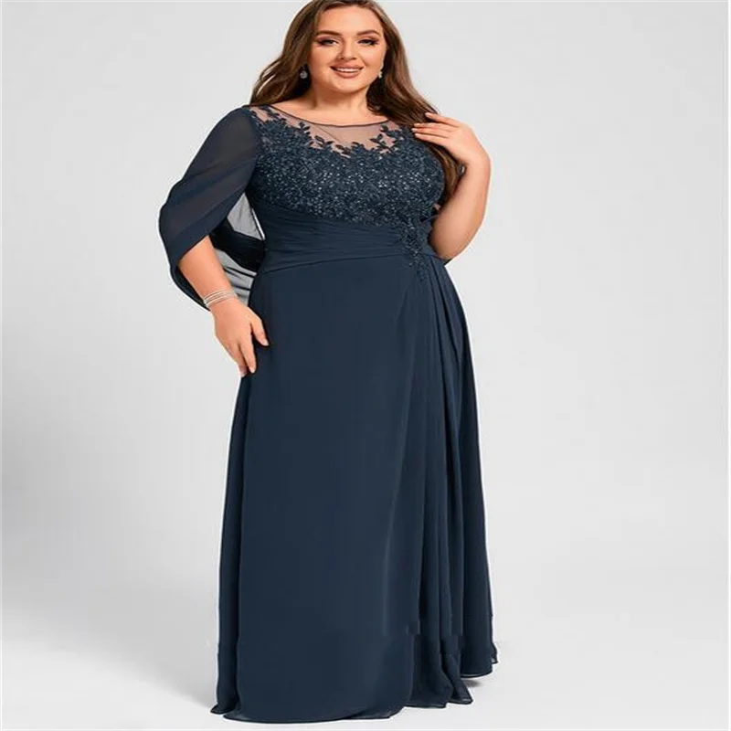 Mulheres O-Neck Vestido de Baile Chiffon com Capa, Applique Evening, Vestido Longo Renda, Elegante Vestidos de Noiva, Sexy Mãe, Azul Marinho, Mamãe, 2024