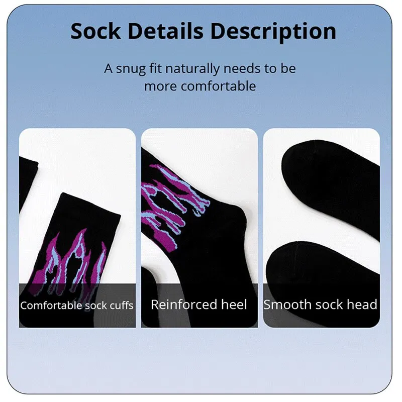 2 Pairs European And Purple Flame Tube Cotton Socks Male Japanese Couples Skateboard Socks Street