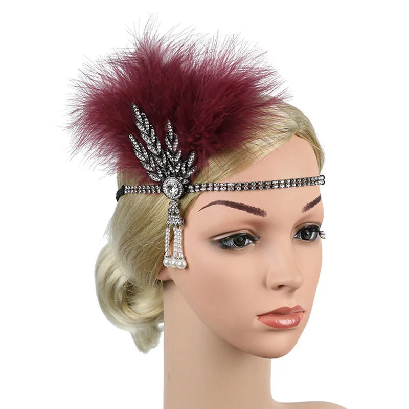 Tocado de rendimiento para mujer, diadema de Flapper de plumas, diadema Vintage, accesorios para el cabello de diamantes de imitación para fiesta de máscaras