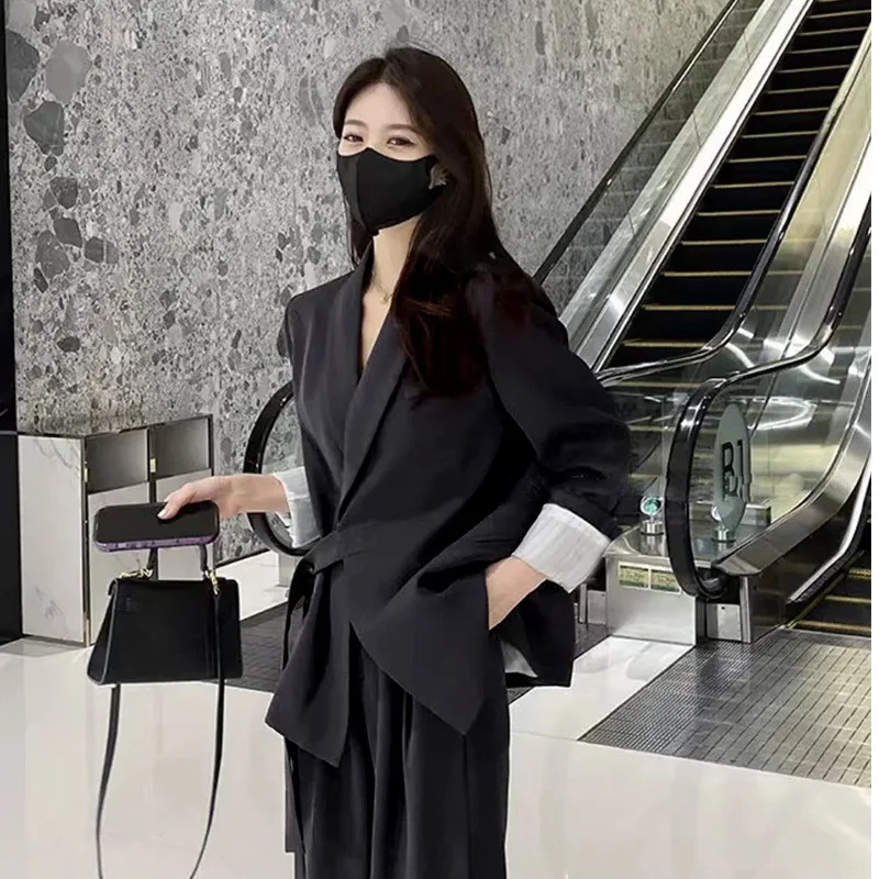 Spring 2024 New Women Suit Jacket High Waist Wide Leg Long Pants Solid Two-Piece Set Spring and Autumn women's suit set